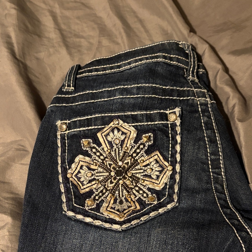 Embroidered Dark Blue Straight Leg Jeans